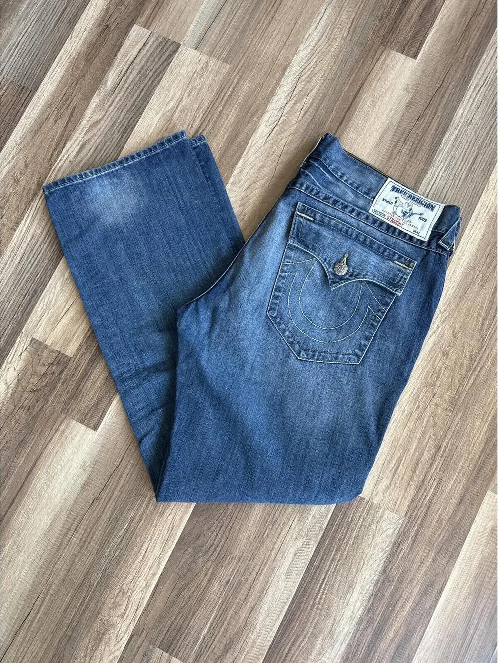 True Religion Straight Mens Jeans 40x33 Distressed Blue Denim Flap Pocket